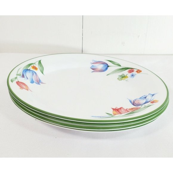 4 Corelle Fresh Cut 7.25" Bread Salad Dessert Plates Tulips green edge trim - Picture 6 of 7